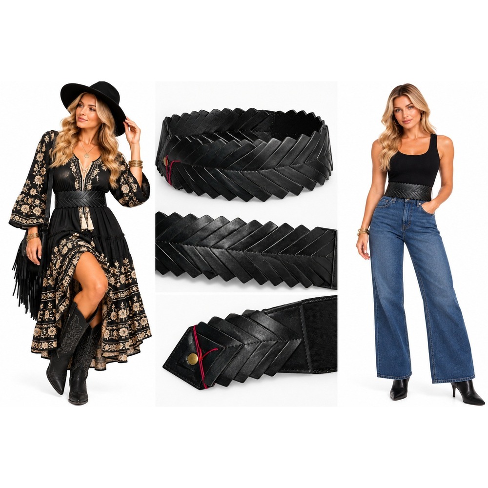 Elise M S/M Black Leather Chevron Woven Wide Stretch Waist Belt Boho Y2K